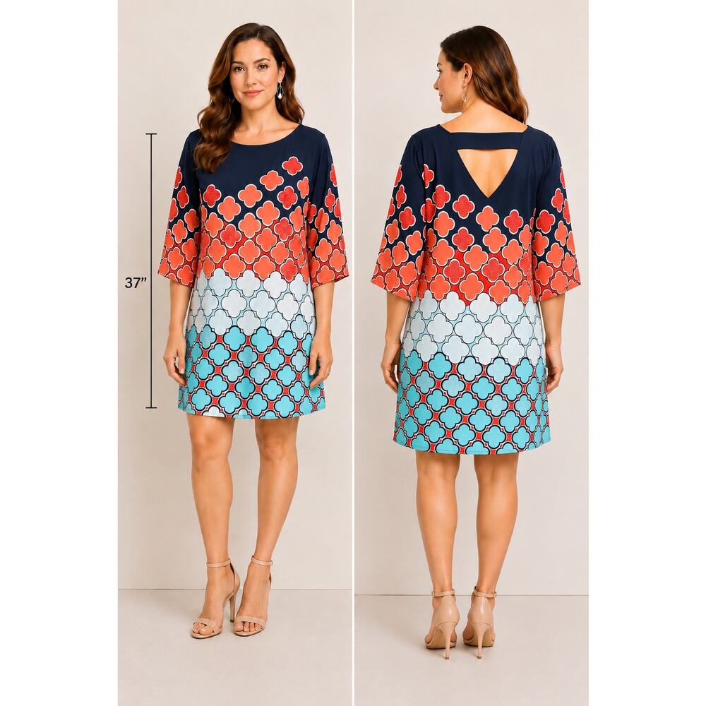 Kaari Blue Women’s XL Coral Pop Cascade Florals Shift Dress Split Sleeve NWT